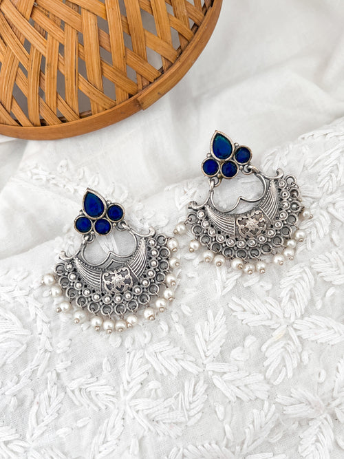 GORAL - Silver Oxidised Danglers  Blue Stone