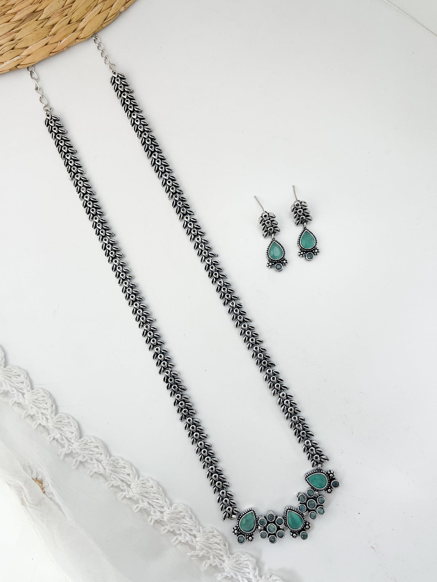 MIHIKA - German Silver Long Neckpiece With Earrings Pastel