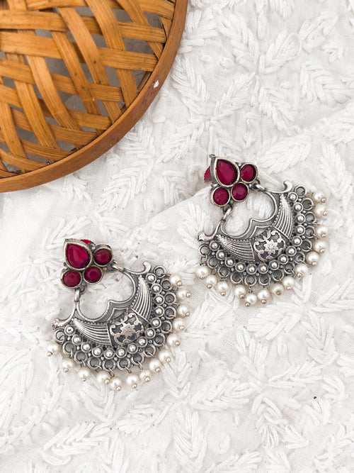 GORAL - Silver Oxidised Danglers Dark Pink Stone