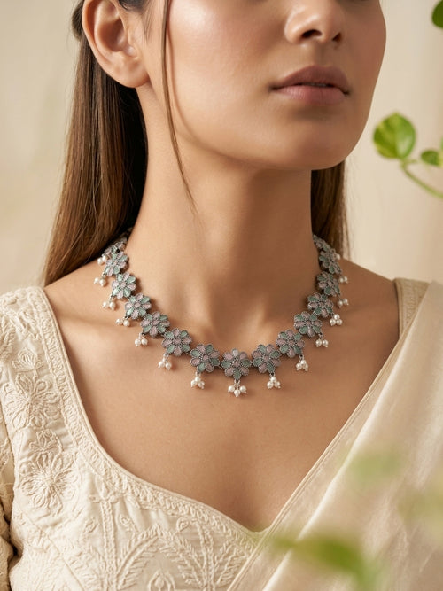 RAMYA - German Silver Flower Stud With Moti Neckpiece With Earrings Pastel