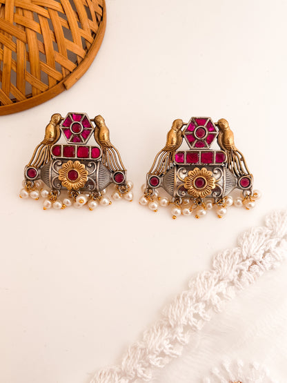 Mehreen -Dual Pink  Stone German Sliver Earrings