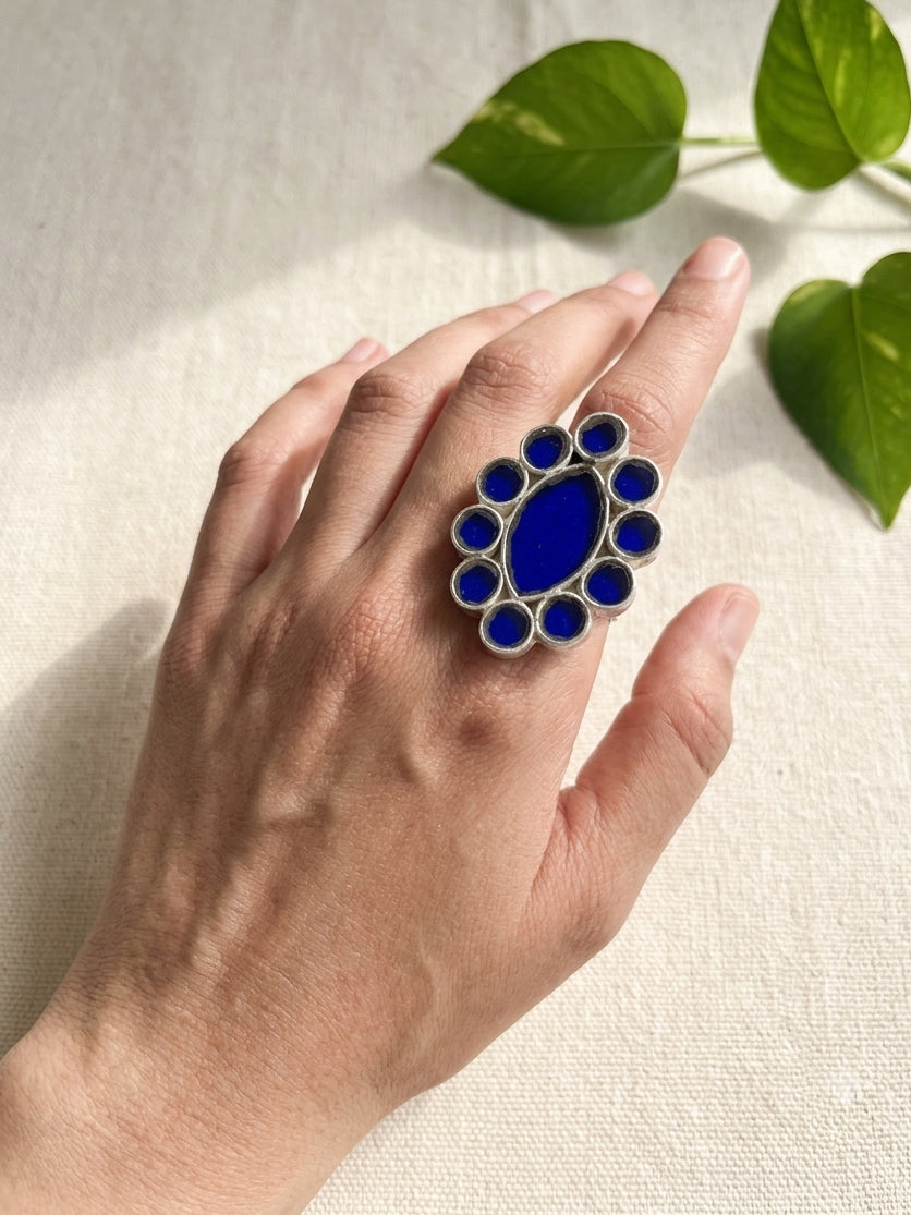 RADHA- Afghan Blue Glass White Metal  Ring