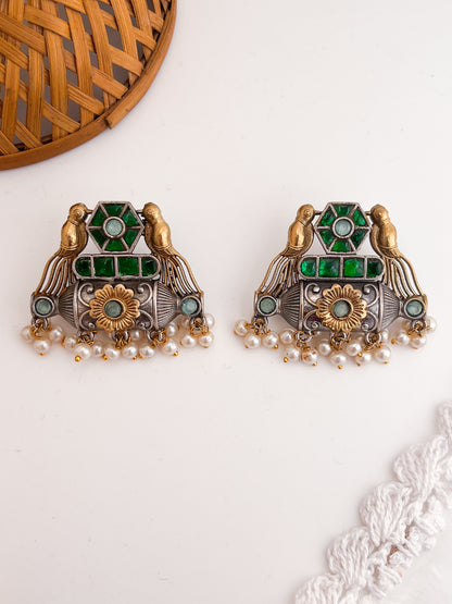 Mehreen -Dual Tone Green Stone German Sliver Earrings