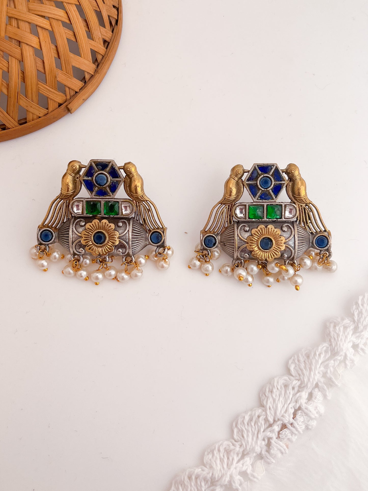 Mehreen -Dual Tone Blue And Green Stone German Sliver Earrings