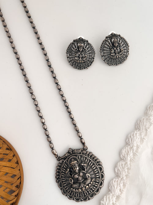 DURGA - Silver Oxidized Durga Long Neckpiece