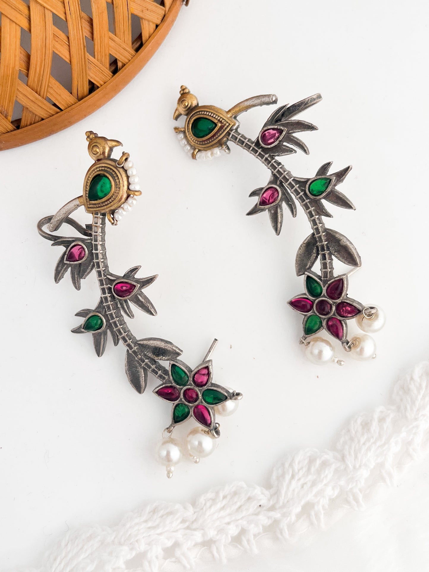 NOORVI-Dual Tone Ger̥man Silver with Green and Pink Stones Earcuff