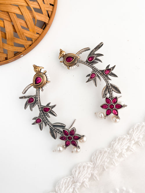 NOORVI-Dual tone German Silver with Pink Stone Earcuff