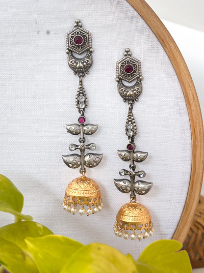 JHANVI- Dual Tone German Silver Long Jhumka Earing with Pink and White Stones