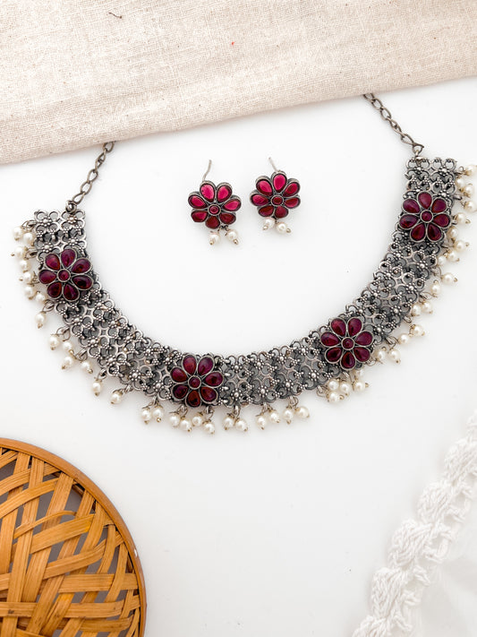 CHARVI- German Silver Necklace Set with Stone Flower - Pink