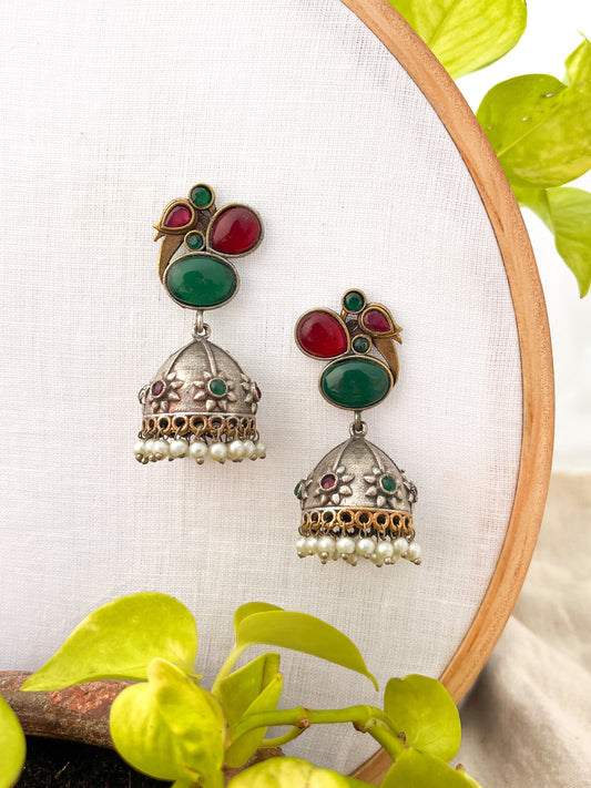 MEHER- Dual Tone Oxidised Jhumka with Ruby Red+Green Stones & Pearl Drops