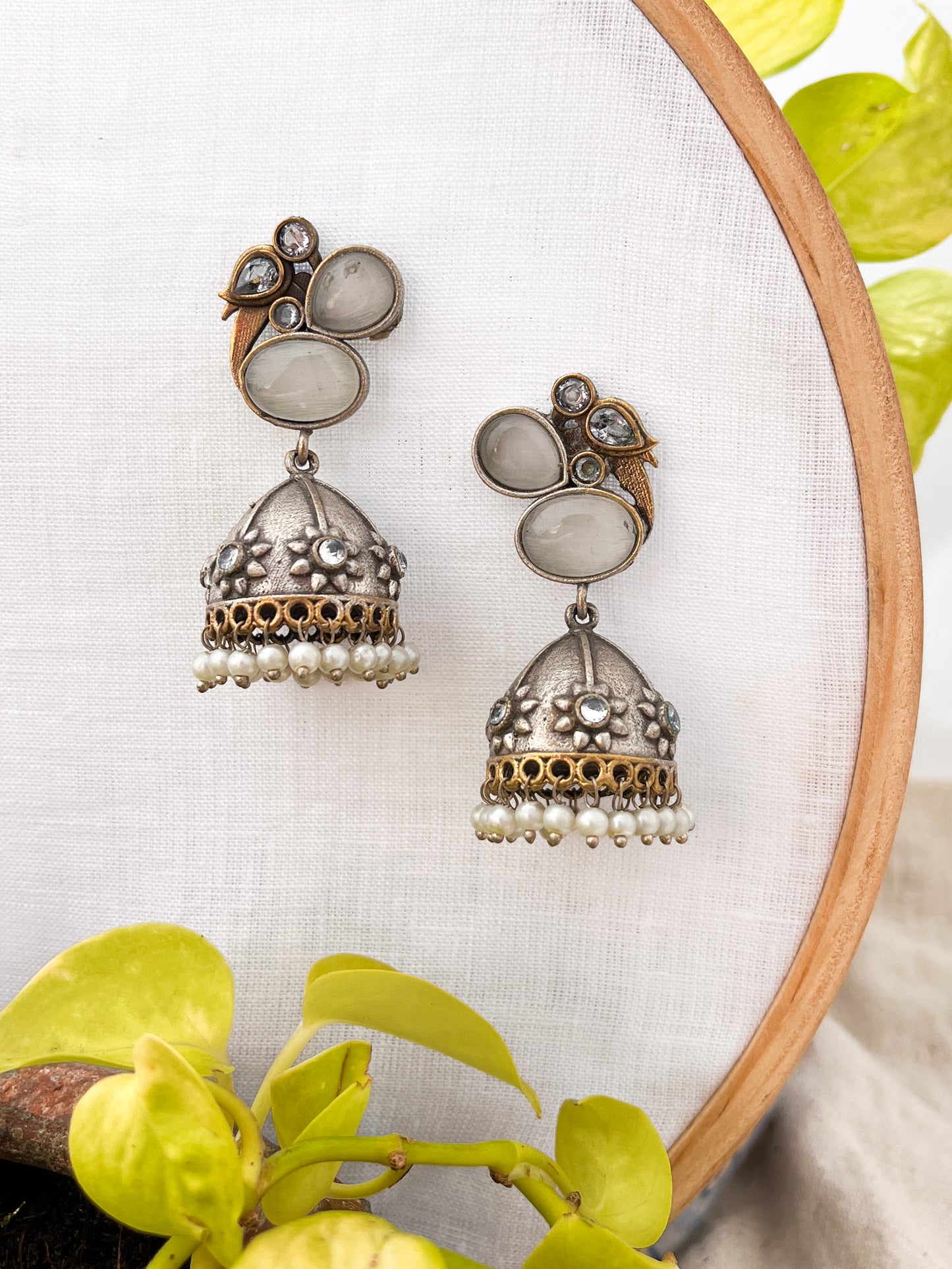 MEHER- Dual Tone Oxidised Jhumka with Ivory White Stones & Pearl Drops
