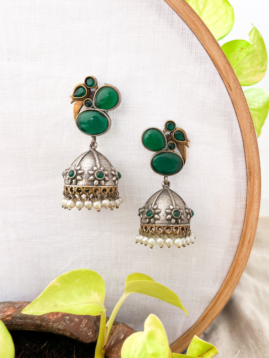 MEHER- Dual Tone Oxidised Jhumka with Green Stones & Pearl Drops