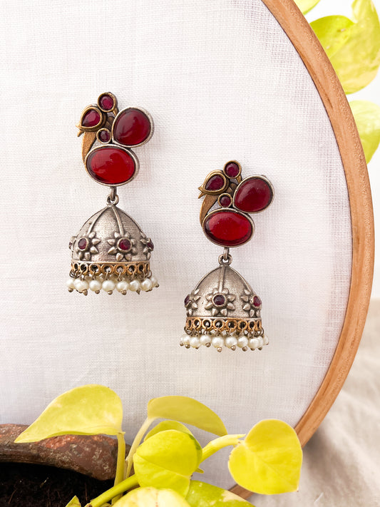 MEHER- Dual Tone Oxidised Jhumka with Ruby Red Stones & Pearl Drops