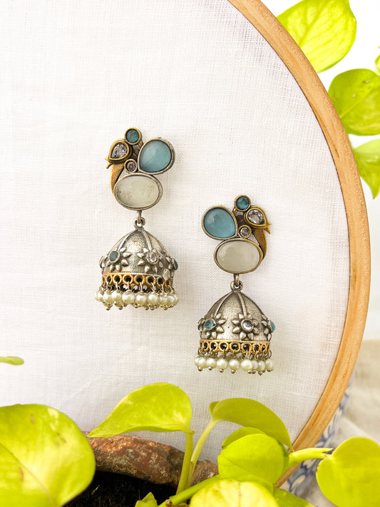 MEHER- Dual Tone Oxidised Jhumka with Sky Blue & Ivory white Stones Pearl Drops