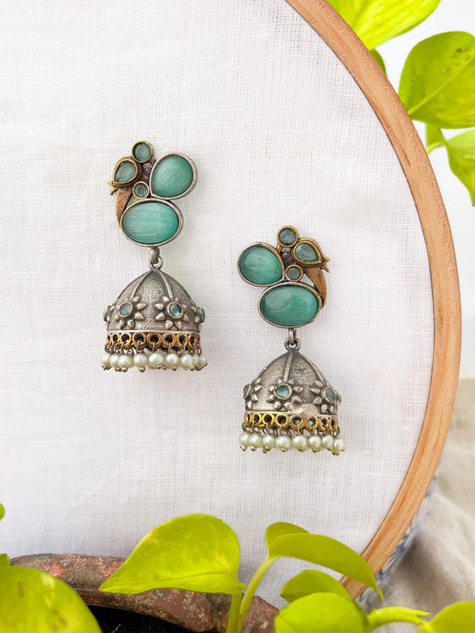 MEHER- Dual Tone Oxidised Jhumka with Sea Green Stones & Pearl Drops