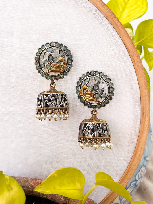 PIHU- Dual tone Oxidised Peacock Stone Studded Earing- Sea Green