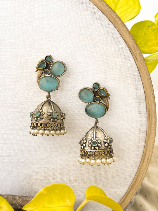 MEHER- Dual Tone Oxidised Jhumka with Sky Blue Stones & Pearl Drops