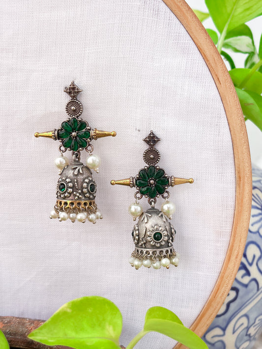MEERA- Dual Tone Oxidised Green Flower Jhumka with Pearl Drops