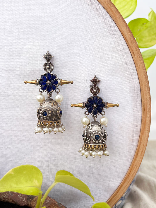 MEERA- Dual Tone Oxidised Blue Flower Jhumka with Pearl Drops