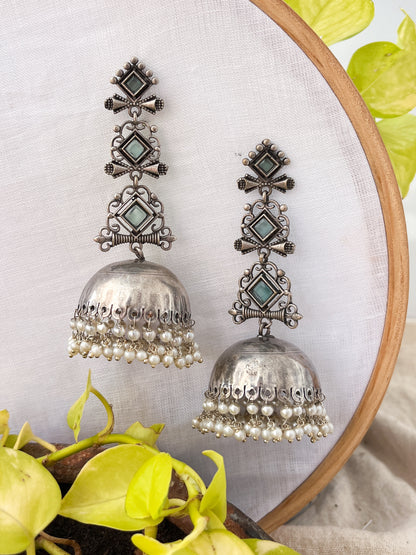 GAURI-Oxidised Long Jhumka Earing with Mint Green Stones & Pearl Drops