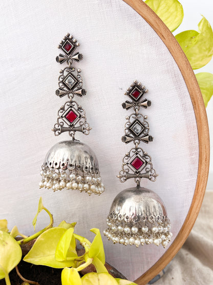 GAURI-Oxidised Long Jhumka Earing with Pink,White Stones & Pearl Drops