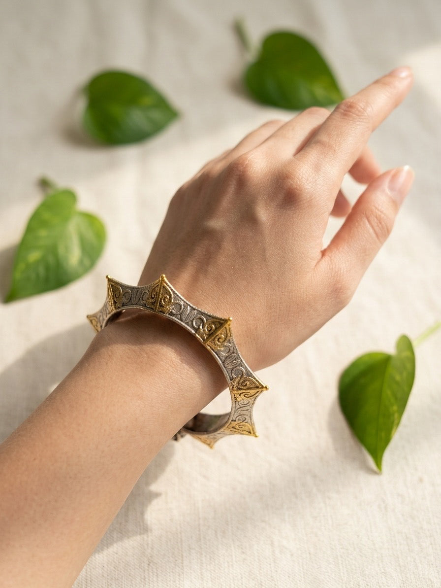KAVERI - Brass Silver Plated Dual Tone Kada Bangle