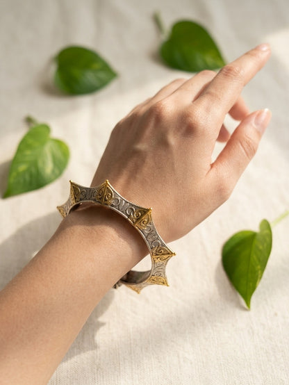 KAVERI - Brass Silver Plated Dual Tone Kada Bangle