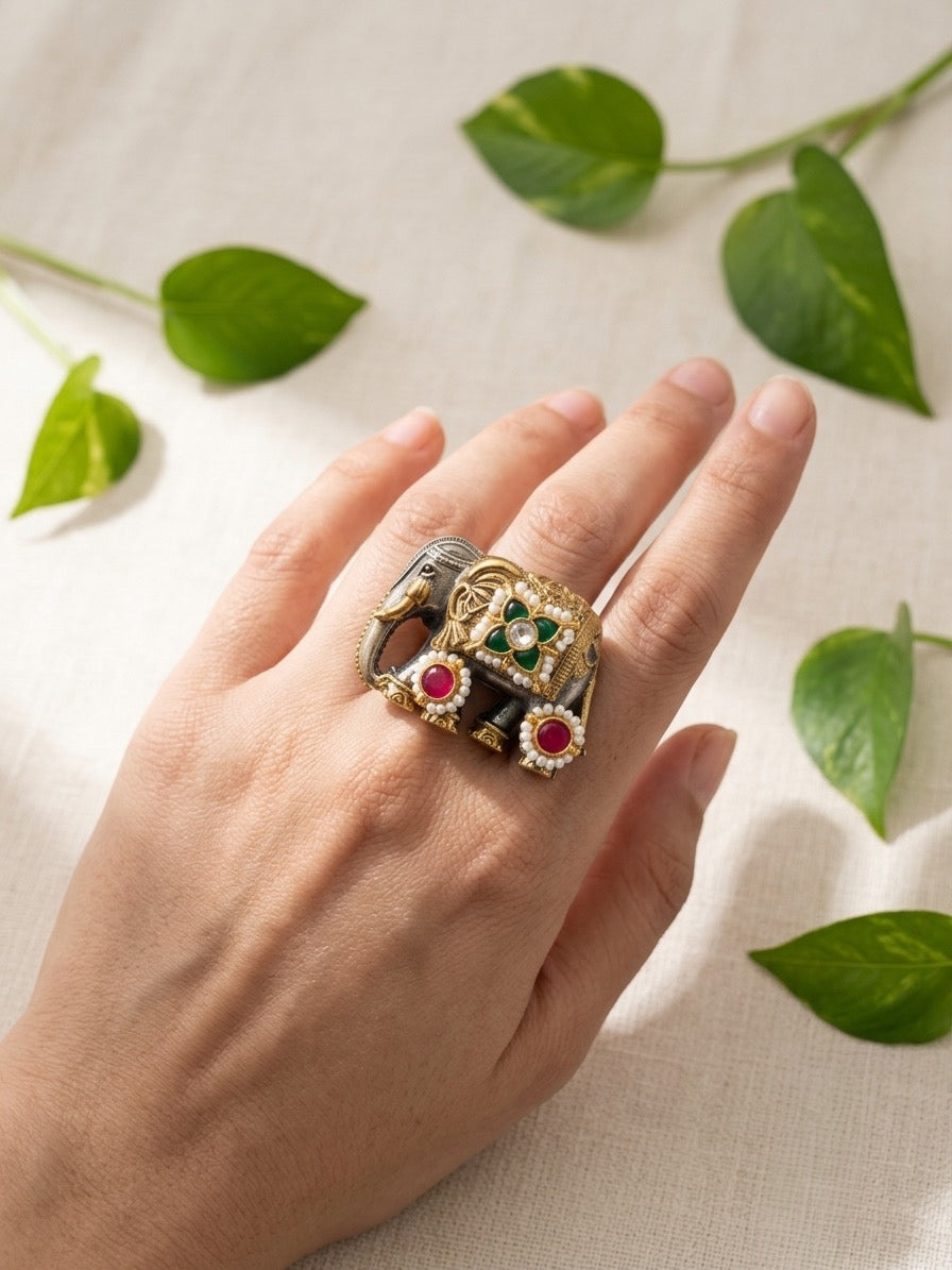 HAATHI - Dual Tone Pichwai Kundan Studded Ring Flower
