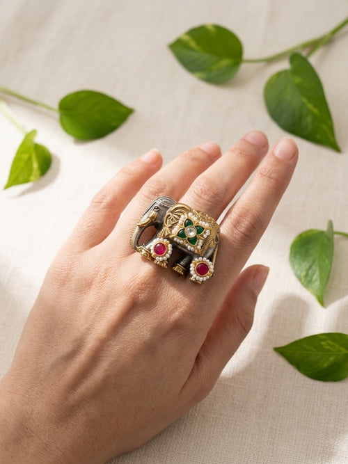 HAATHI - Dual Tone Pichwai Kundan Studded Ring Flower