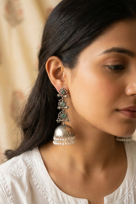 GAURI-Oxidised Long Jhumka Earing with Mint Green Stones & Pearl Drops