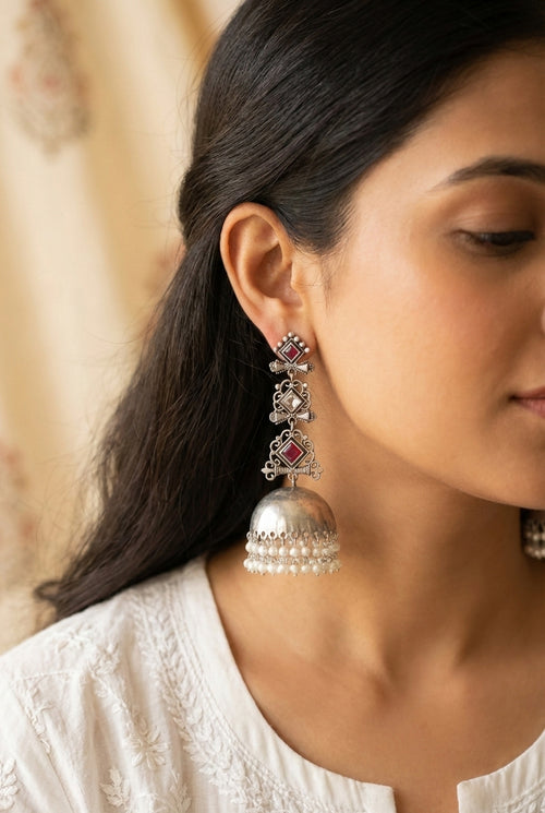 GAURI-Oxidised Long Jhumka Earing with Pink,White Stones & Pearl Drops