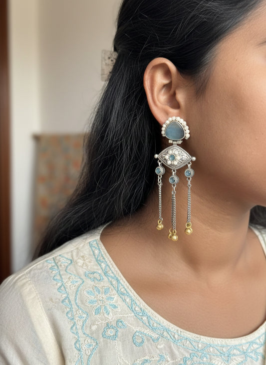ZEENAT- Kashmiri Style Oxidised Sky Blue Stone Chain Drop Earing