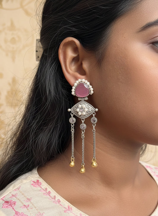 ZEENAT- Kashmiri Style Oxidised Pink Stone Chain Drop Earing