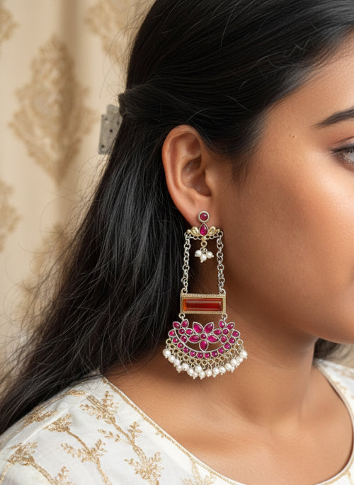 Tivara- Dual Tone German Silver Chandbali - Pink and Rust Stones
