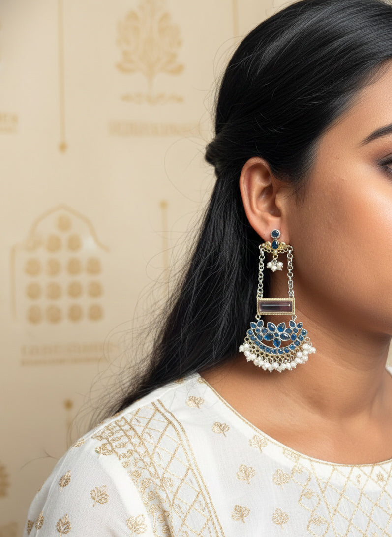 Tivara- Dual Tone German Silver Chandbali - Blue and lilac Stones
