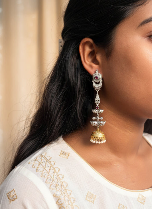 JHANVI- Dual Tone German Silver Long Jhumka Earing with Pink and White Stones