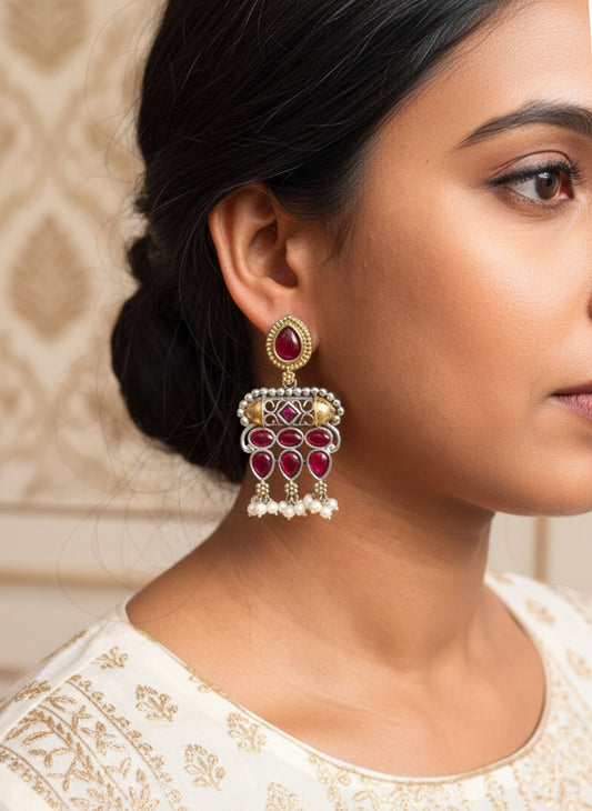 VIRANI- Dual Tone Silver Oxidised Earings with Pink Stones & Pearl Drops