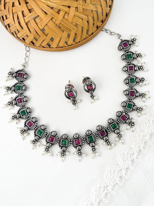 MADHURI- Brass Neckpiece With Pink and Green Monalisa Stones
