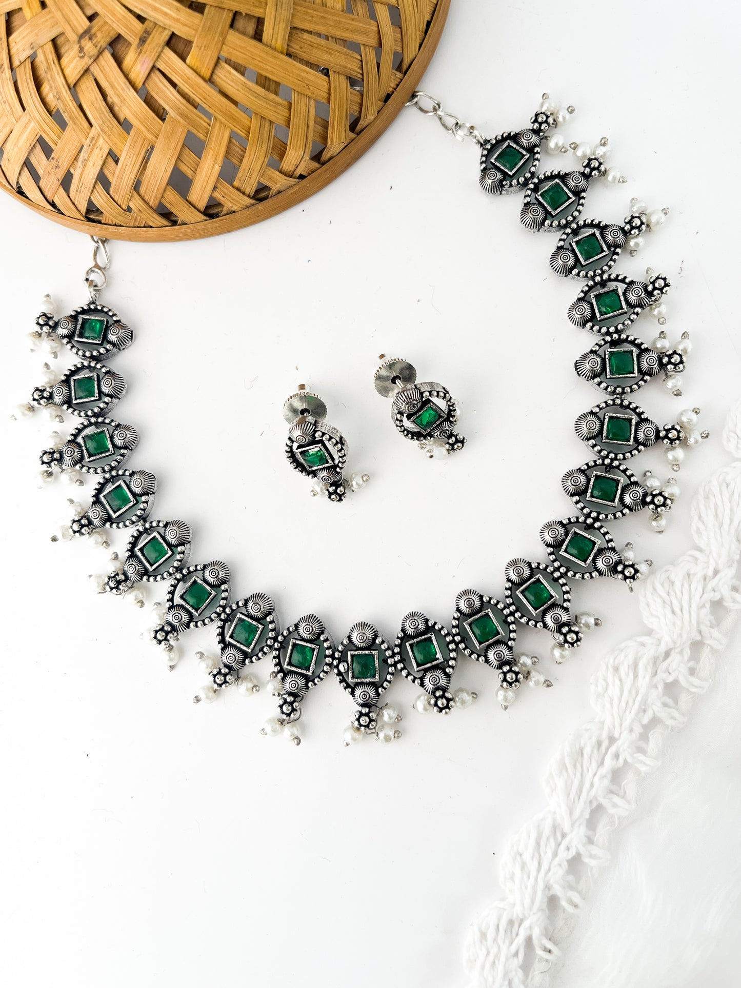 MADHURI- Brass Neckpiece With Green Monalisa Stones