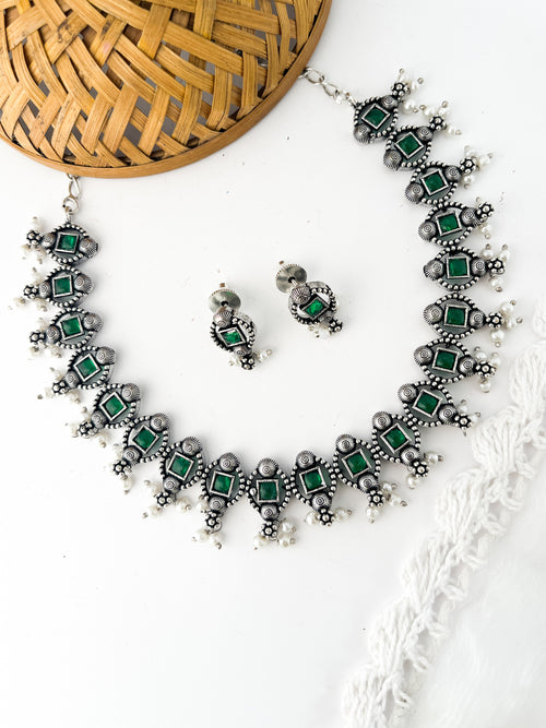 MADHURI- Brass Neckpiece With Green Monalisa Stones