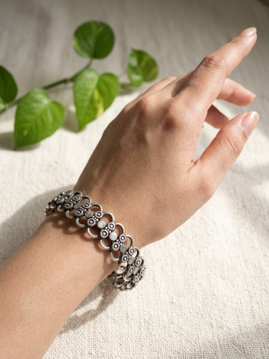 AROHI - Brass Light Weight Kada With Silver Plating Double Flowers