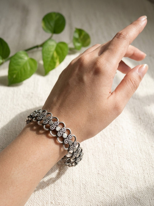 AROHI - Brass Light Weight Kada With Silver Plating Double Flowers