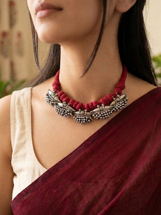 KAVYA - Brass With Silver Plating Neckpiece Red