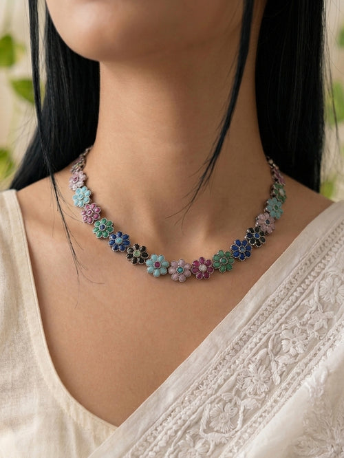 PRIYASI - Brass Flower Stud Neckpiece With Earrings Multi