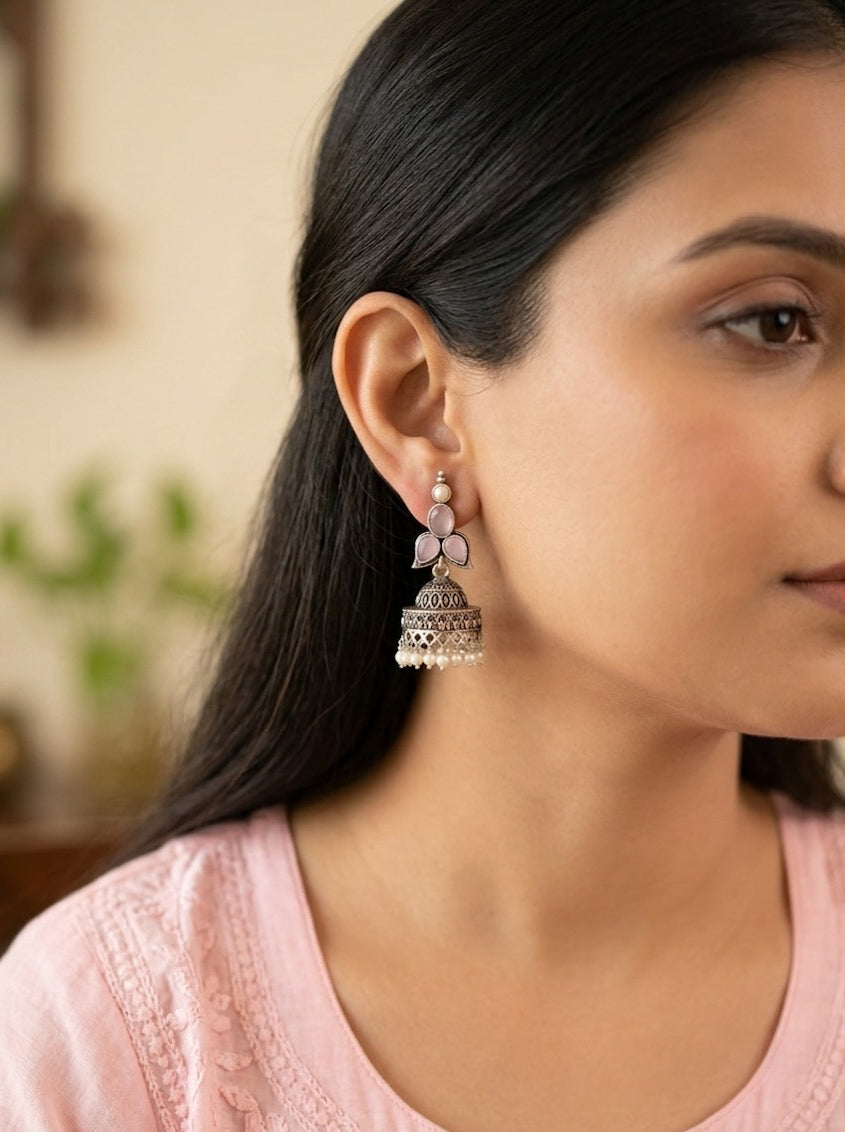 MANALI - Brass Jhumka With Monalisa Stones Baby Pink