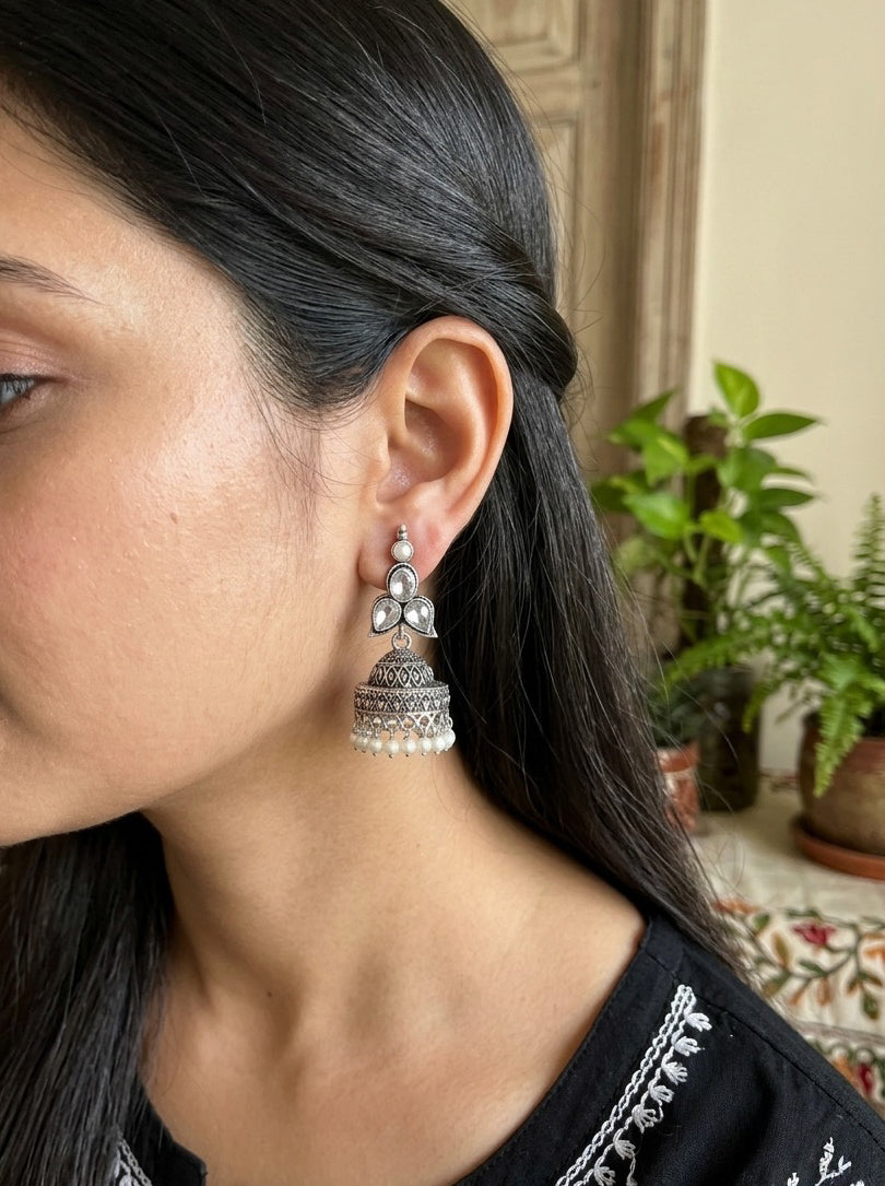 MANALI - Brass Jhumka With Monalisa Stones White