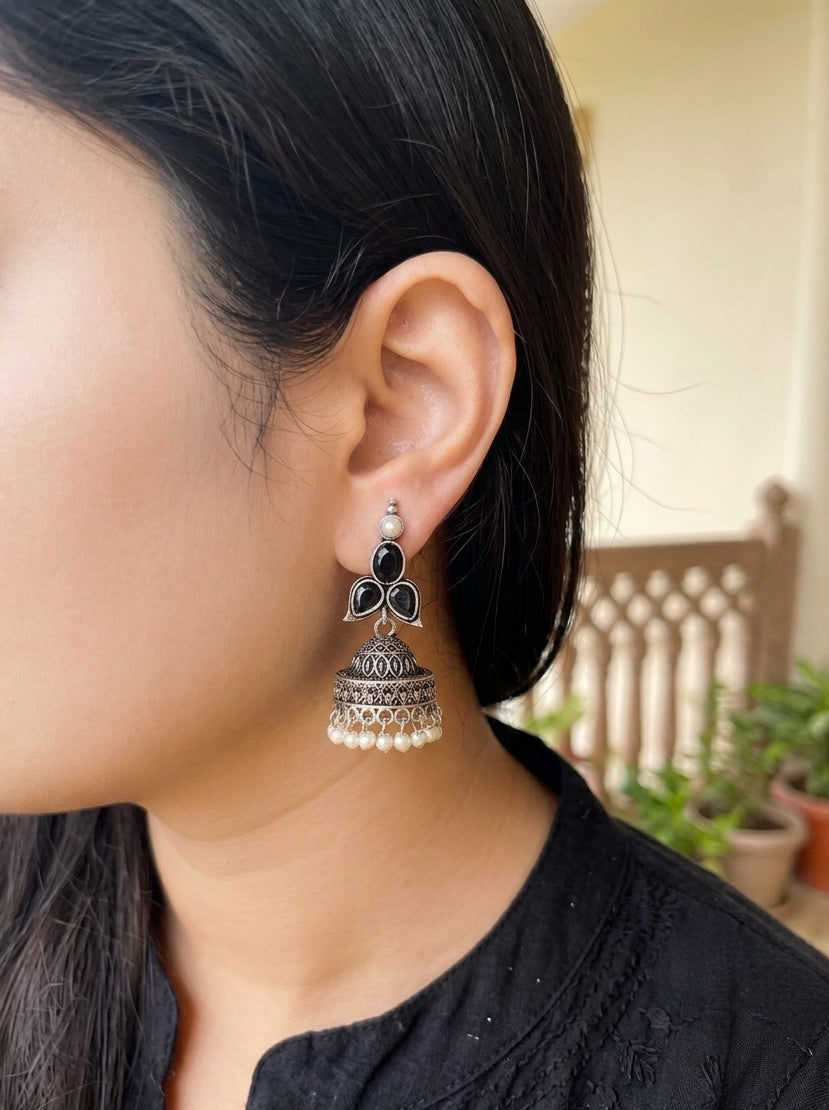 MANALI - Brass Jhumka With Monalisa Stones Black