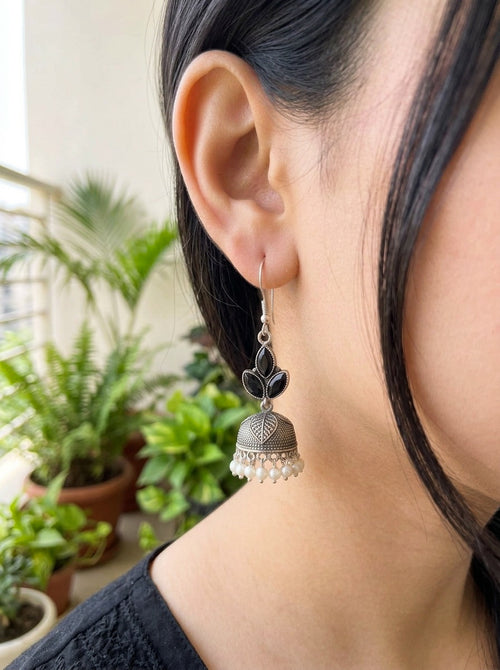 KANISHKA - Light Weight Brass Jhumka With Monalisa Stones Black