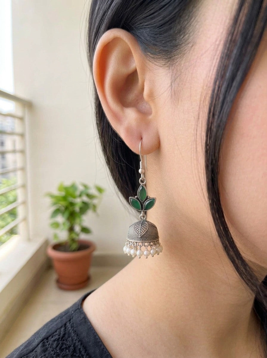 KANISHKA - Light Weight Brass Jhumka With Monalisa Stones Green