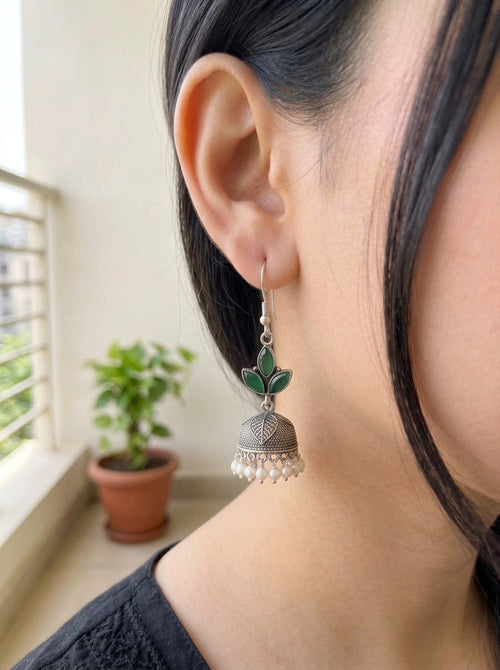 KANISHKA - Light Weight Brass Jhumka With Monalisa Stones Green
